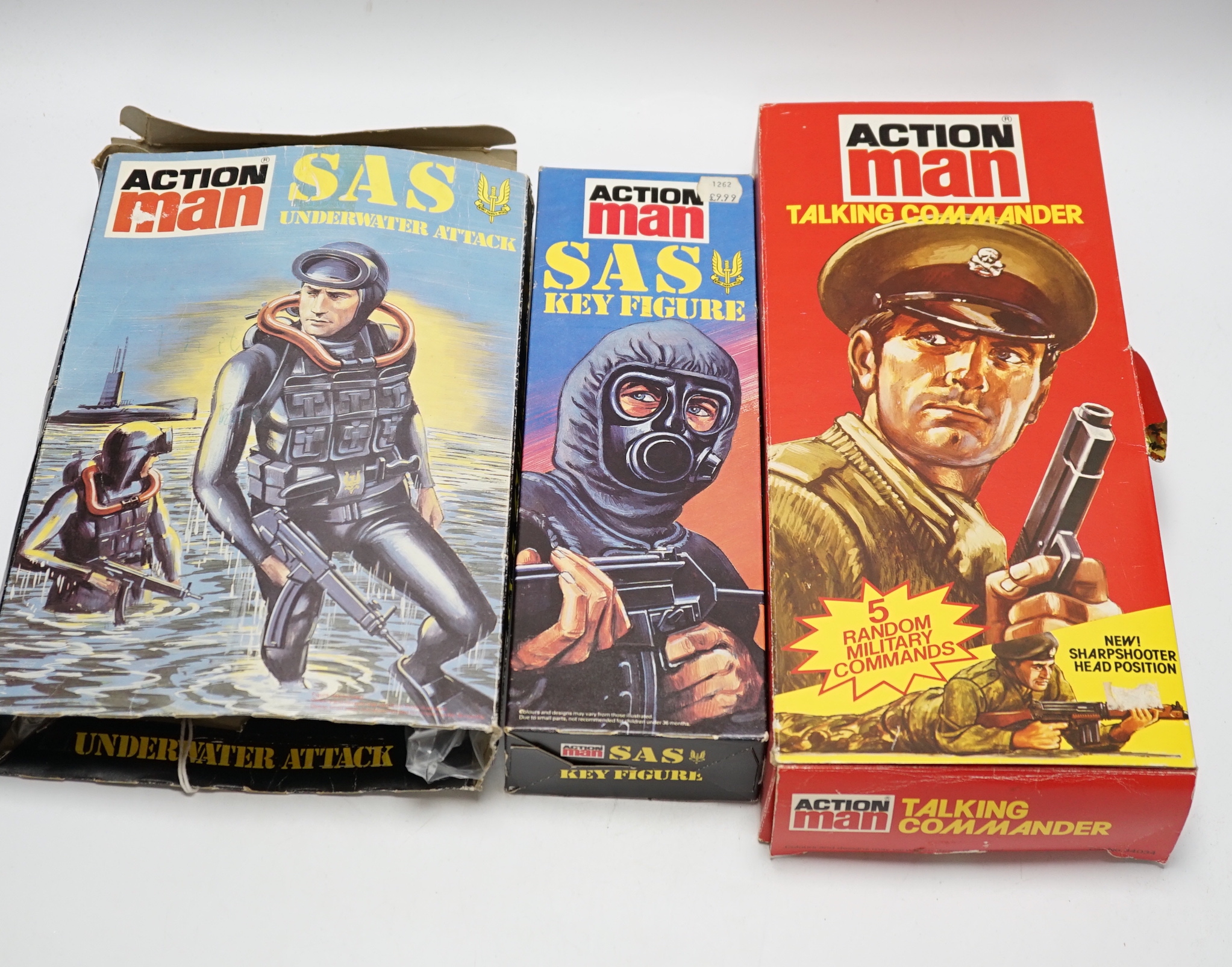 Two boxed 1970s Action Man figures (a/f), together with another original box containing Action Man accessories, including diving equipment